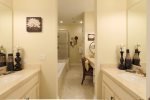 Luxurious Master Bath, dual sinks, large 6ft tub and glass enclosed shower.